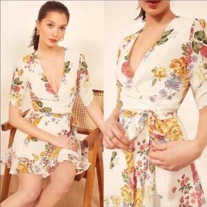 Reformation Lucky Wrap Floral Mini Dress | Size S Ivory Multi Cottagecore NWOT